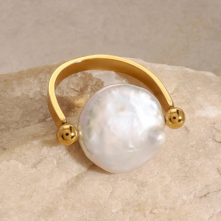 My Store U-Shaped Button Pearl Ring - 18K Gold Plated Titanium, Minimalist Organic Jewelry