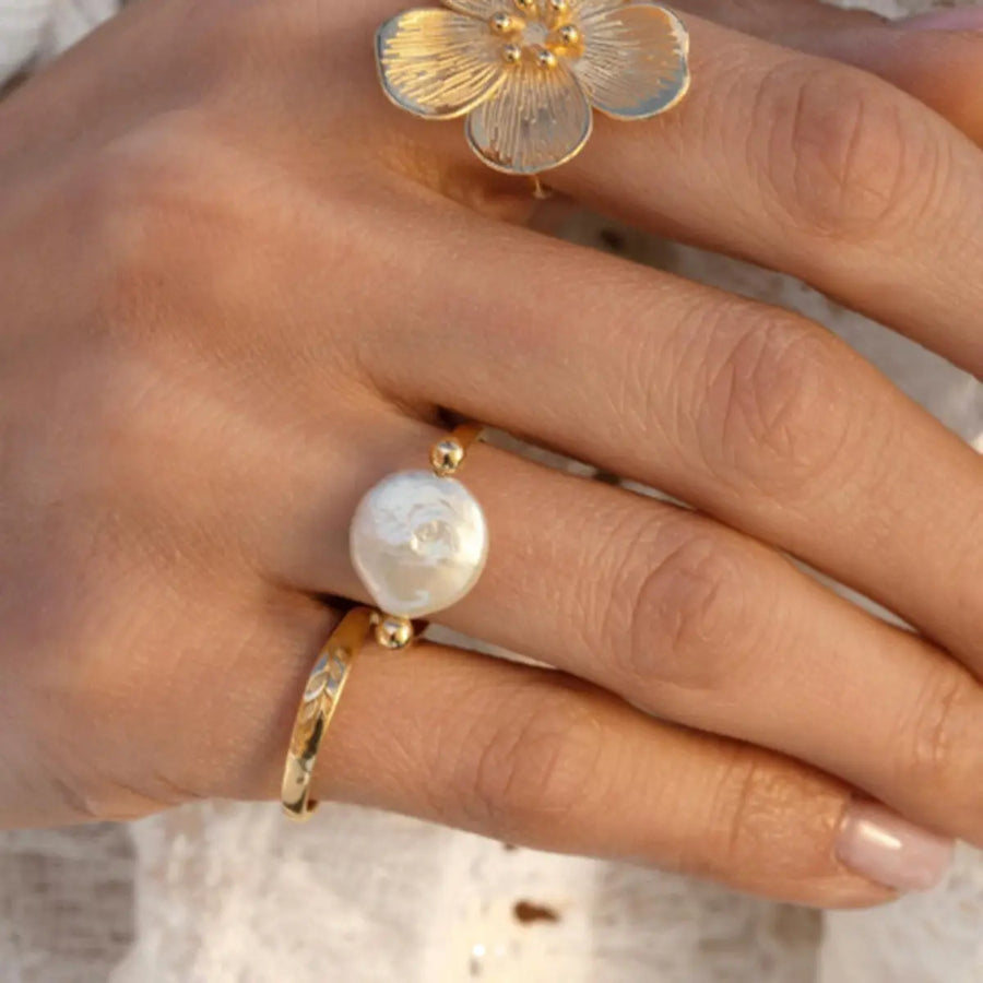 My Store U-Shaped Button Pearl Ring - 18K Gold Plated Titanium, Minimalist Organic Jewelry