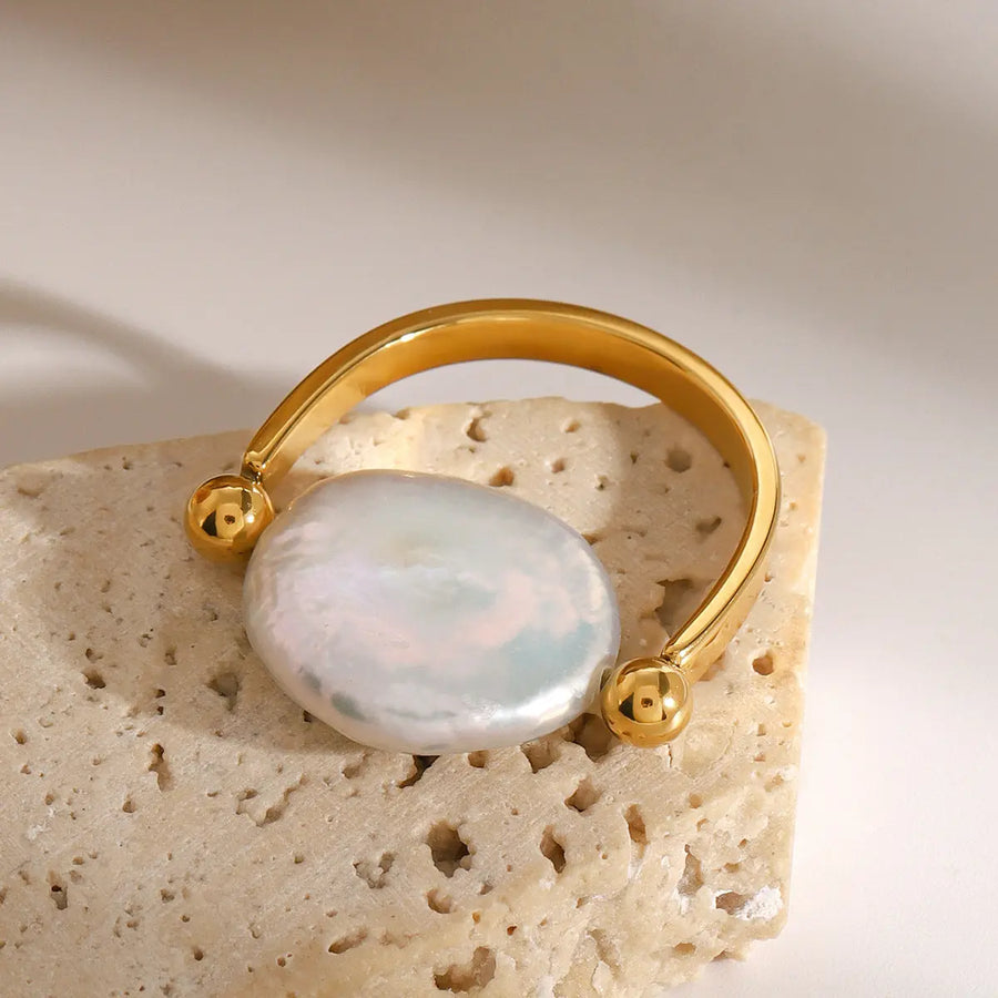 My Store U-Shaped Button Pearl Ring - 18K Gold Plated Titanium, Minimalist Organic Jewelry