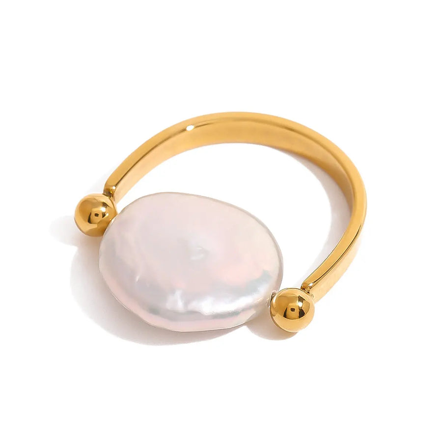 My Store U-Shaped Button Pearl Ring - 18K Gold Plated Titanium, Minimalist Organic Jewelry