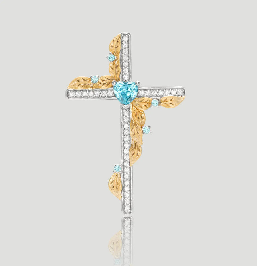 Aruary Studio ｜ Artisanal Jewelry Vintage Blue Sapphire Crystal Cross Pendant Necklace - 925 Sterling Silver Gold Plated