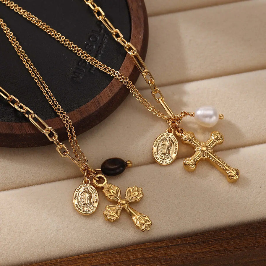 Aruary Studio ｜ Artisanal Jewelry Vintage Cross Pendant Necklace | 18K Gold Plated | Tiger's Eye & Natural Pearl Accent