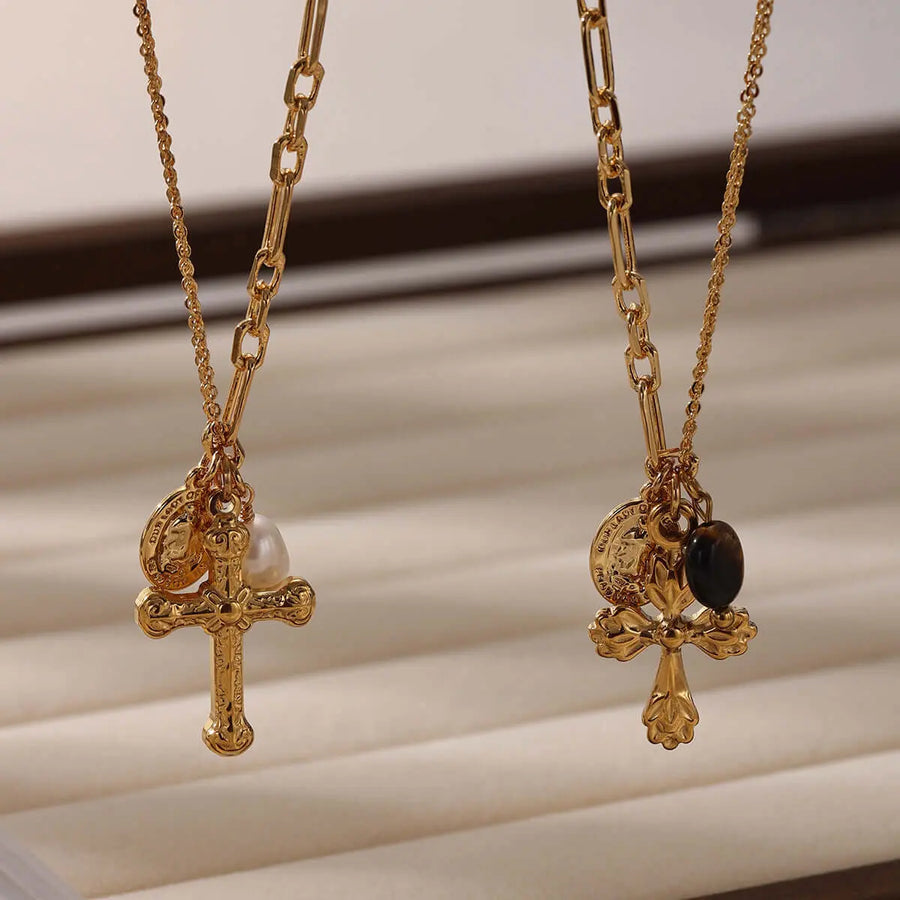 Aruary Studio ｜ Artisanal Jewelry Vintage Cross Pendant Necklace | 18K Gold Plated | Tiger's Eye & Natural Pearl Accent