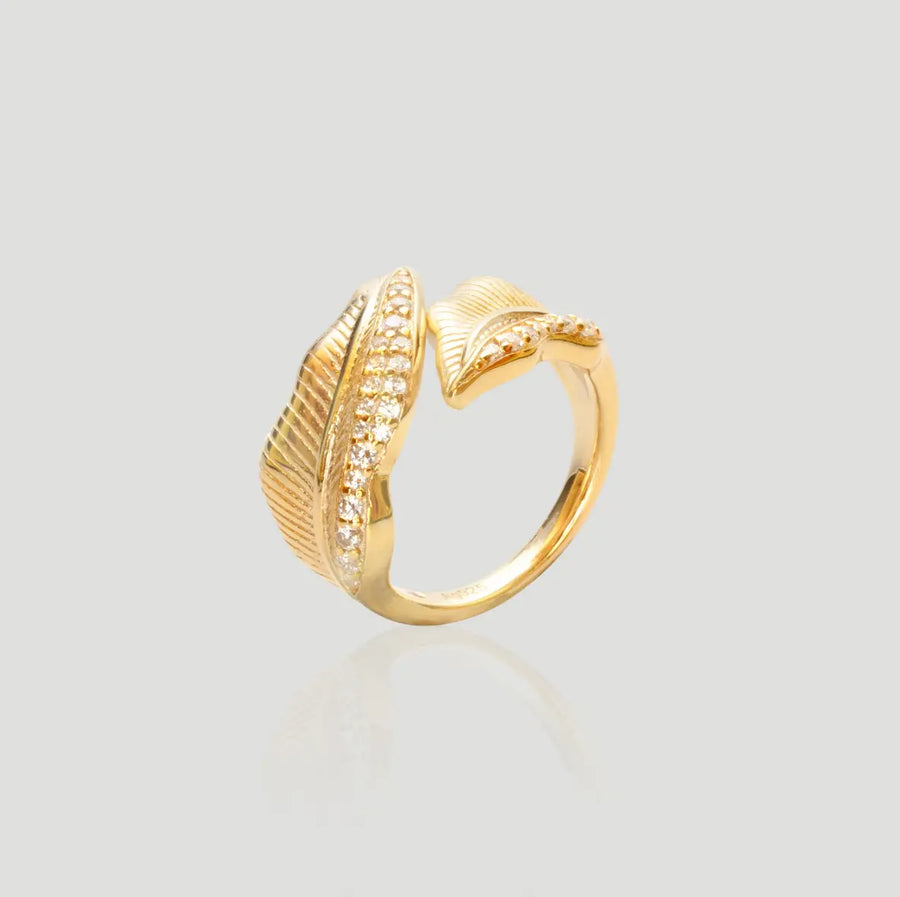 Aruary Studio ｜ Artisanal Jewelry Vintage Leaf Adjustable Ring - 18K Gold Plated 925 Silver & Simulated Diamonds