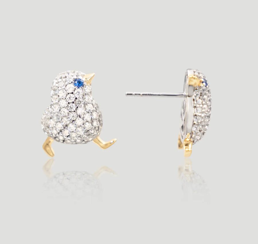 Aruary Studio ｜ Artisanal Jewelry Walking Chick Earrings - 925 Gold-Plated Silver Animal Studs with High-Carbon Diamonds | Sweet & Chic Drop Earrings for Casual & Formal Wear