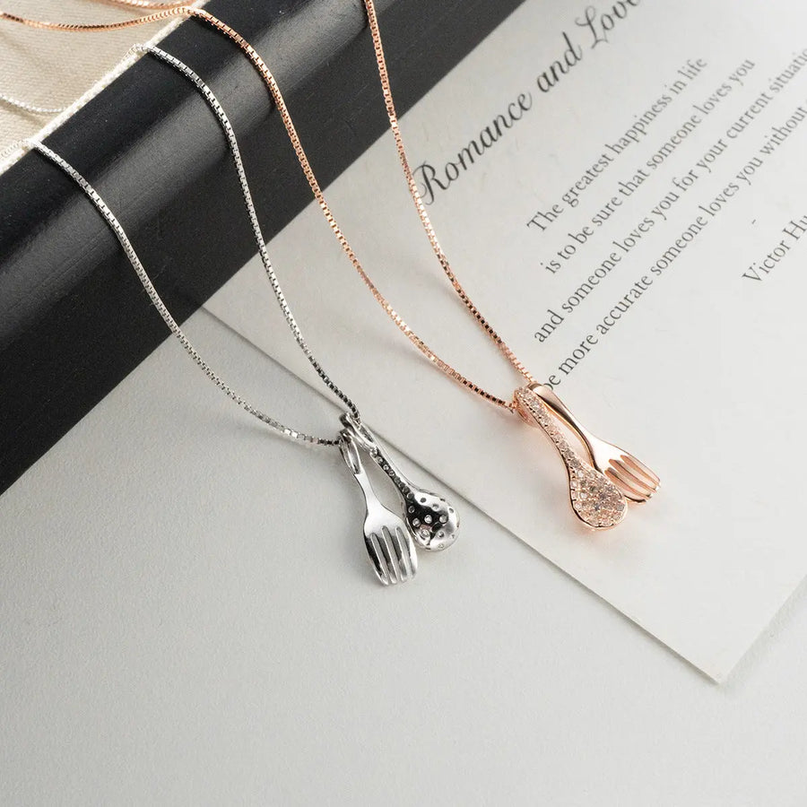 Aruary Studio ｜ Artisanal Jewelry Sterling Silver Spoon & Fork Necklace - Diamond Cut Box Chain, Minimalist Everyday Jewelry, Dainty Unique Gift for Her