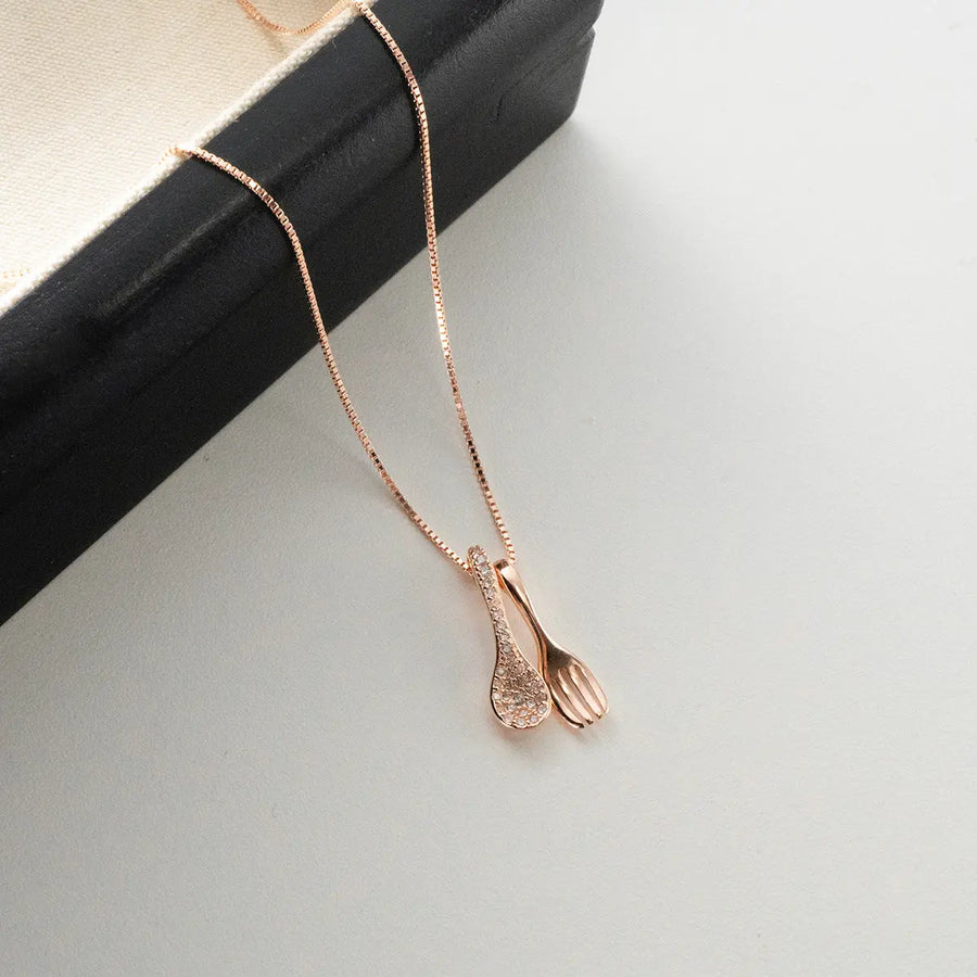 Aruary Studio ｜ Artisanal Jewelry Sterling Silver Spoon & Fork Necklace - Diamond Cut Box Chain, Minimalist Everyday Jewelry, Dainty Unique Gift for Her Golden