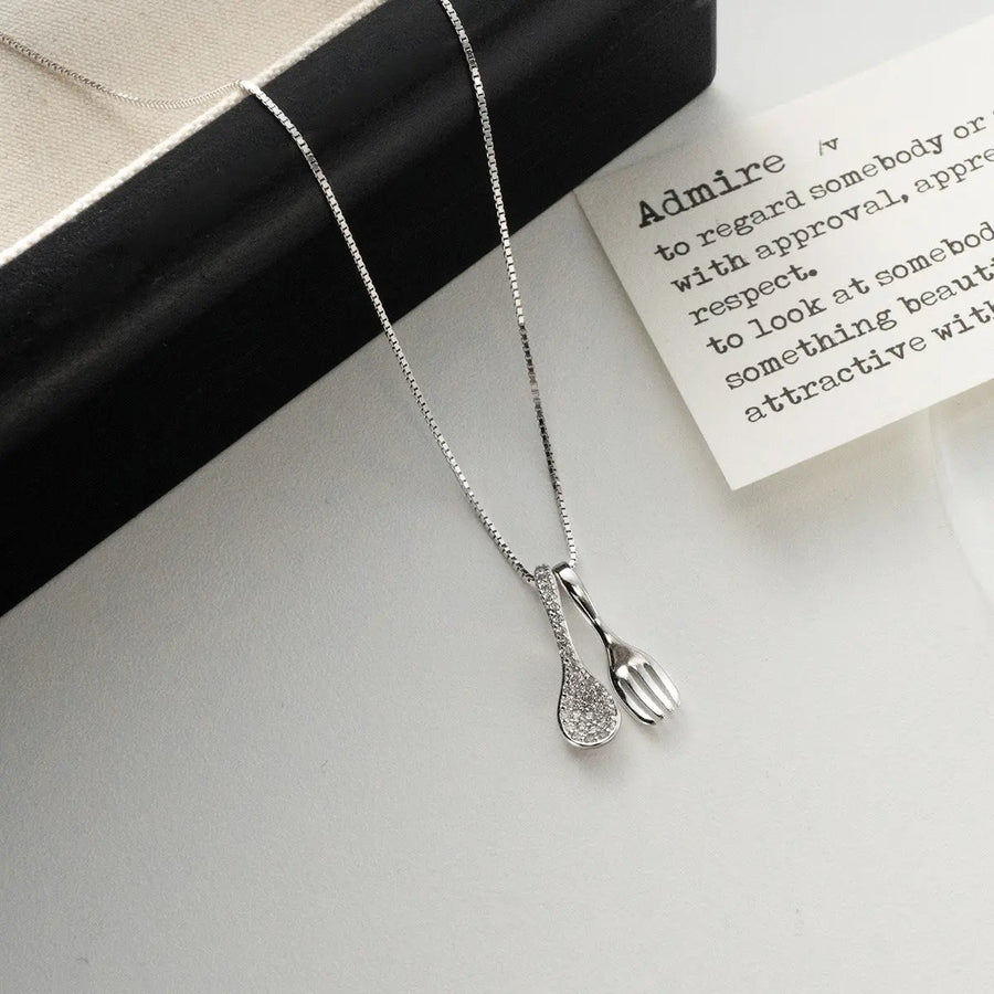 Aruary Studio ｜ Artisanal Jewelry Sterling Silver Spoon & Fork Necklace - Diamond Cut Box Chain, Minimalist Everyday Jewelry, Dainty Unique Gift for Her Silvery