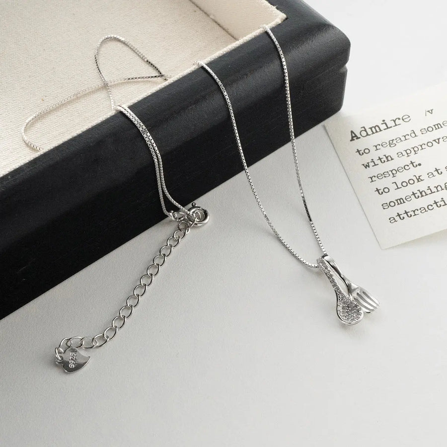 Aruary Studio ｜ Artisanal Jewelry Sterling Silver Spoon & Fork Necklace - Diamond Cut Box Chain, Minimalist Everyday Jewelry, Dainty Unique Gift for Her