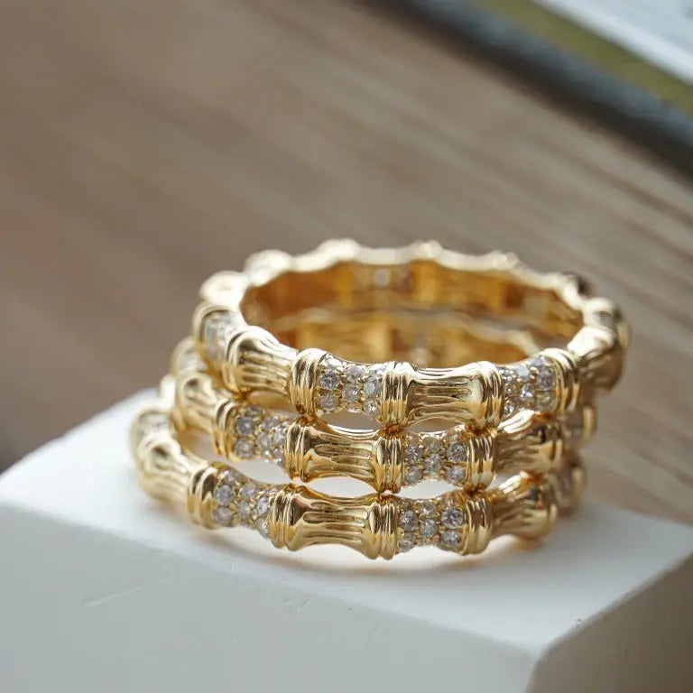 Aruary Studio ｜ Artisanal Jewelry Zen Bamboo Ring • Solid .925 Sterling Silver • Minimalist Diamond-Accent Band • Nature-Inspired Jewelry