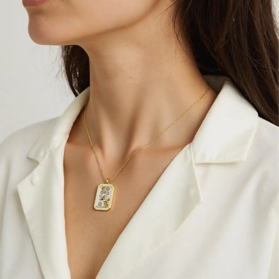 Aruary Studio ｜ Artisanal Jewelry Zodiac Birthstone Necklace - 18K Gold Plated Enamel Charm, Hand-Filled Constellation Pendant