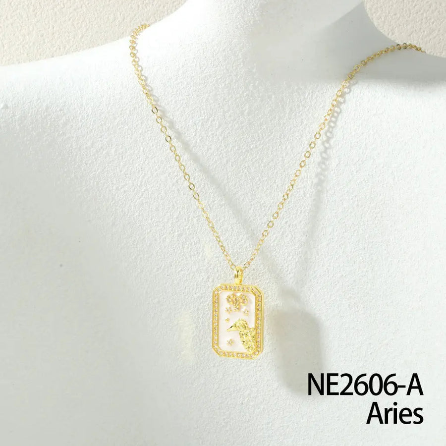 Aruary Studio ｜ Artisanal Jewelry Zodiac Birthstone Necklace - 18K Gold Plated Enamel Charm, Hand-Filled Constellation Pendant ARIES ♈