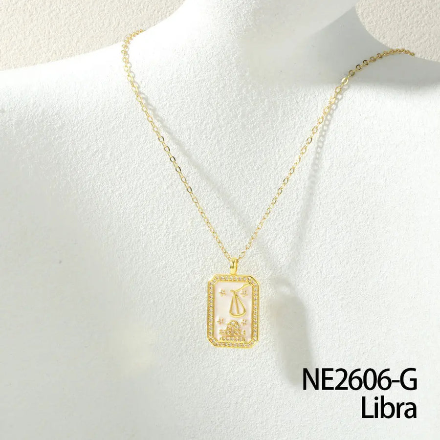 Aruary Studio ｜ Artisanal Jewelry Zodiac Birthstone Necklace - 18K Gold Plated Enamel Charm, Hand-Filled Constellation Pendant LIBRA ♎