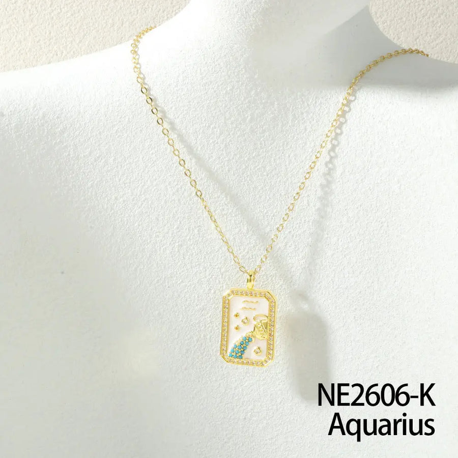 Aruary Studio ｜ Artisanal Jewelry Zodiac Birthstone Necklace - 18K Gold Plated Enamel Charm, Hand-Filled Constellation Pendant AQUARIUS ♒