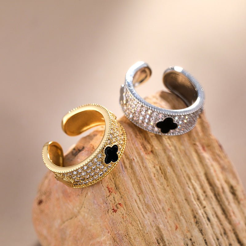 Adjustable Black Clover Open Cuff Ring - Gold Plated Titanium Steel Statement Ring with Sparkling CZ Crystals for Luck & Everyday Wear - Aruary Studio ｜ Artisanal Jewelry