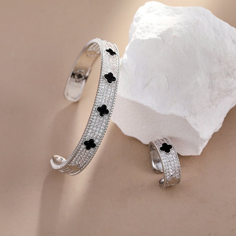 Adjustable Black Clover Open Cuff Ring - Gold Plated Titanium Steel Statement Ring with Sparkling CZ Crystals for Luck & Everyday Wear - Aruary Studio ｜ Artisanal Jewelry