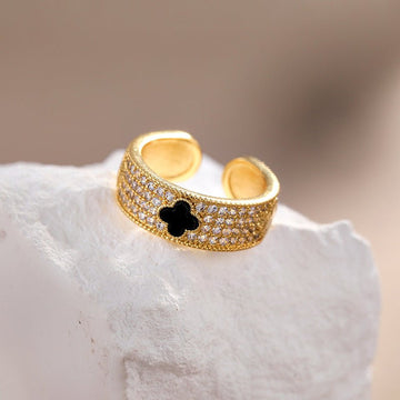 Adjustable Black Clover Open Cuff Ring - Gold Plated Titanium Steel Statement Ring with Sparkling CZ Crystals for Luck & Everyday Wear - Aruary Studio ｜ Artisanal Jewelry