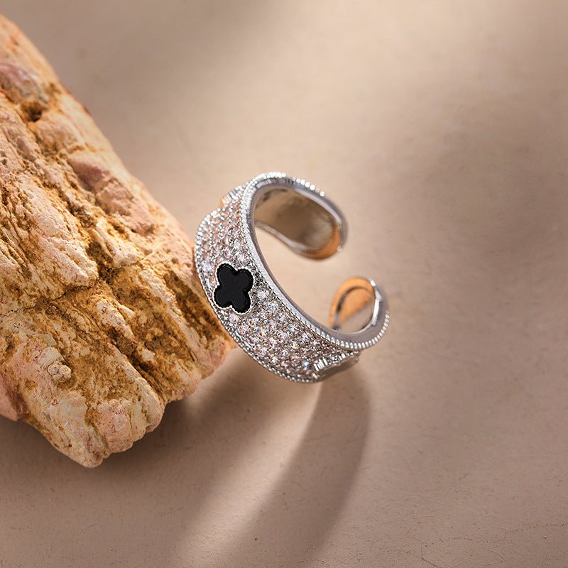 Adjustable Black Clover Open Cuff Ring - Gold Plated Titanium Steel Statement Ring with Sparkling CZ Crystals for Luck & Everyday Wear - Aruary Studio ｜ Artisanal Jewelry