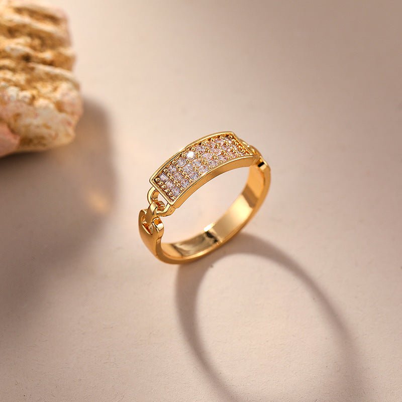 Adjustable Gold Plated CZ Chain Link Ring - Titanium Steel Cubic Zirconia Stackable Statement Ring for Everyday Sparkle - Aruary Studio ｜ Artisanal Jewelry