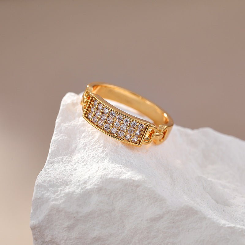 Adjustable Gold Plated CZ Chain Link Ring - Titanium Steel Cubic Zirconia Stackable Statement Ring for Everyday Sparkle - Aruary Studio ｜ Artisanal Jewelry