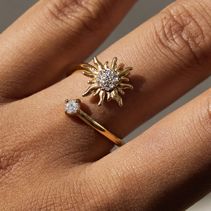 Adjustable Gold Sunburst Open Ring with Cubic Zirconia Stones - Stackable Statement Sun Ring for Everyday Sparkle - Aruary Studio ｜ Artisanal Jewelry