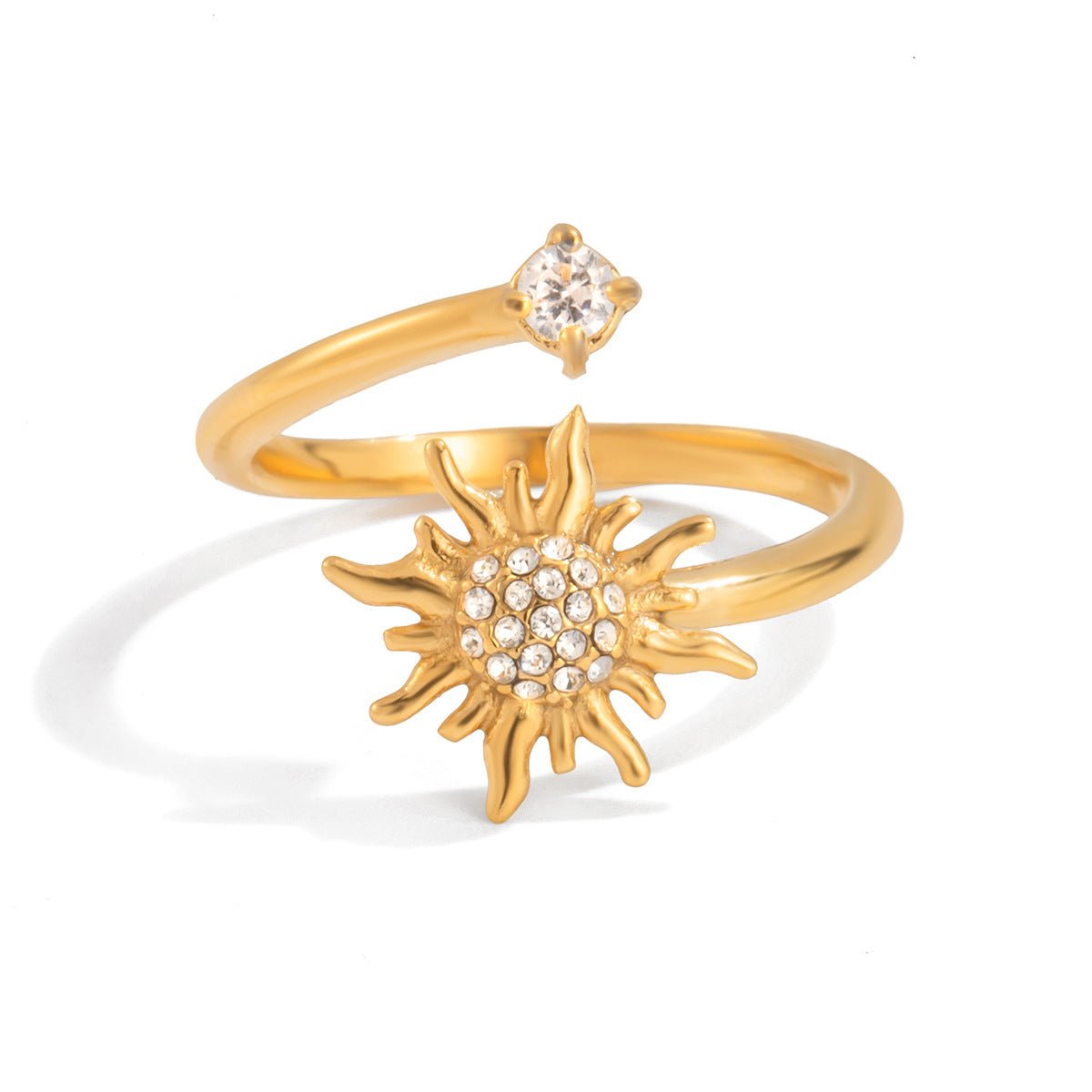 Adjustable Gold Sunburst Open Ring with Cubic Zirconia Stones - Stackable Statement Sun Ring for Everyday Sparkle - Aruary Studio ｜ Artisanal Jewelry
