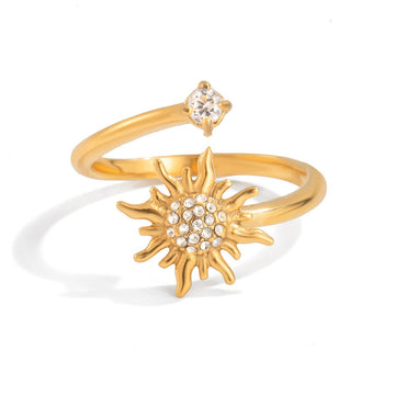 Adjustable Gold Sunburst Open Ring with Cubic Zirconia Stones - Stackable Statement Sun Ring for Everyday Sparkle - Aruary Studio ｜ Artisanal Jewelry