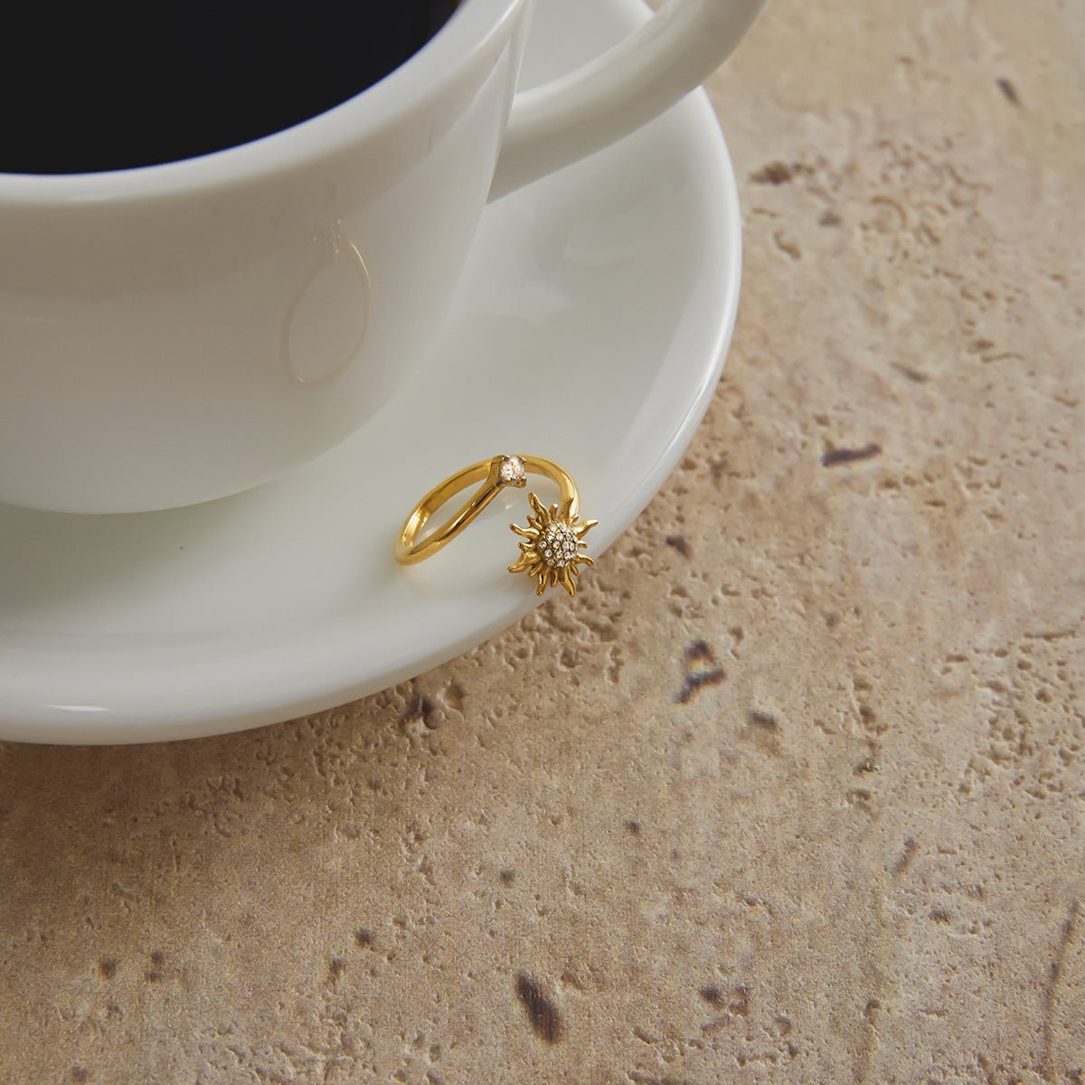 Adjustable Gold Sunburst Open Ring with Cubic Zirconia Stones - Stackable Statement Sun Ring for Everyday Sparkle - Aruary Studio ｜ Artisanal Jewelry