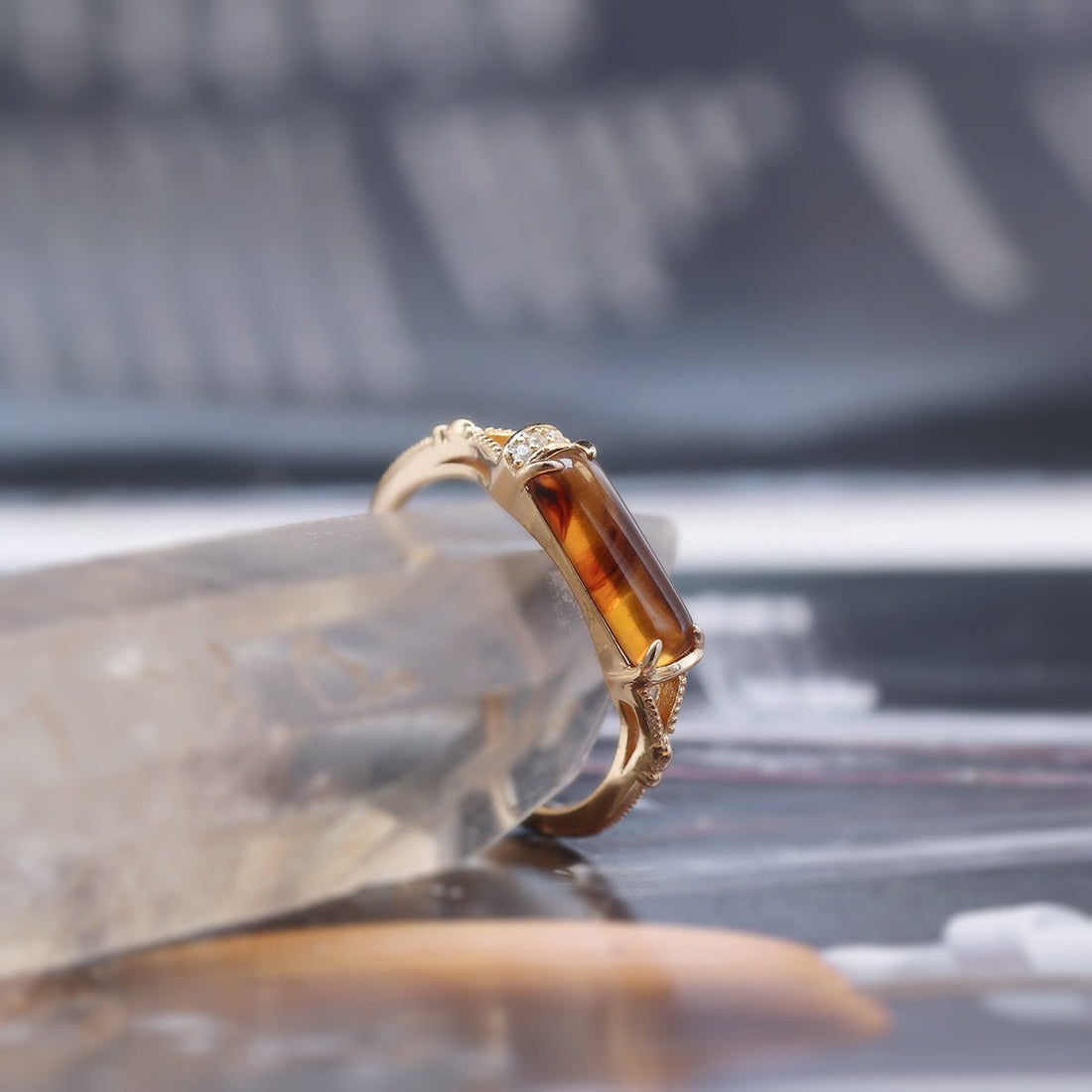 Amber & 925 Sterling Silver Ring | 5A Zircon Accent - Aruary Studio ｜ Artisanal Jewelry