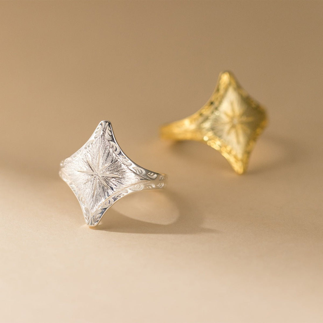 Art Deco Two - Tone Geometric Ring | 925 Sterling Silver Engraved Band | Vintage Architectural Jewelry - Aruary Studio ｜ Artisanal Jewelry