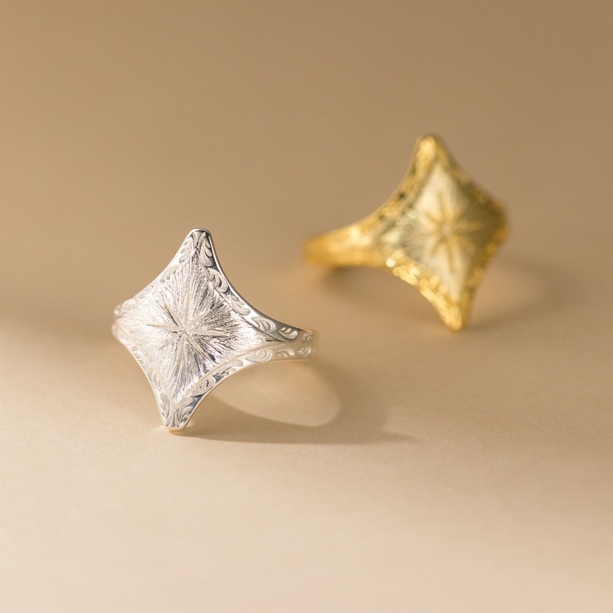 Art Deco Two - Tone Geometric Ring | 925 Sterling Silver Engraved Band | Vintage Architectural Jewelry - Aruary Studio ｜ Artisanal Jewelry