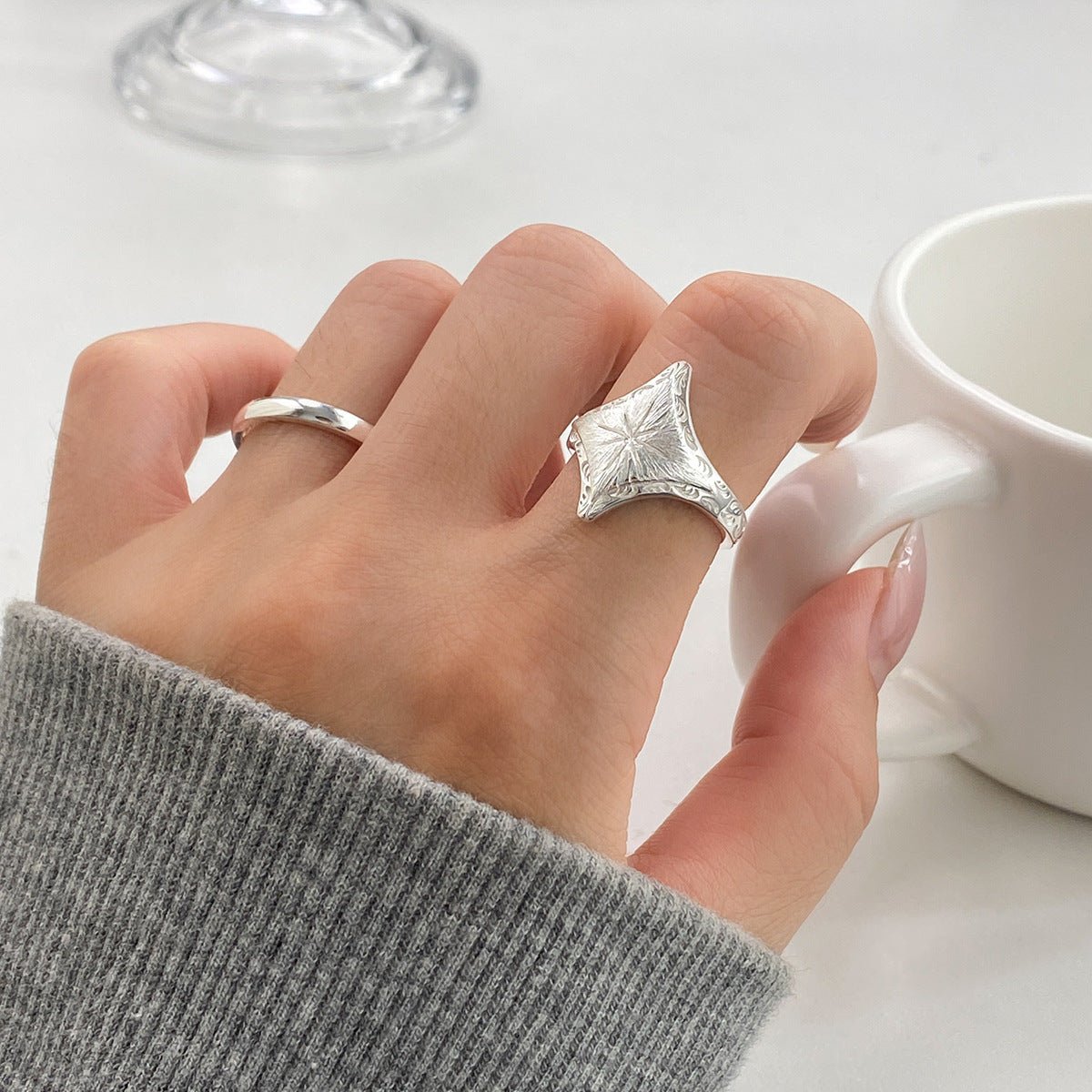 Art Deco Two - Tone Geometric Ring | 925 Sterling Silver Engraved Band | Vintage Architectural Jewelry - Aruary Studio ｜ Artisanal Jewelry