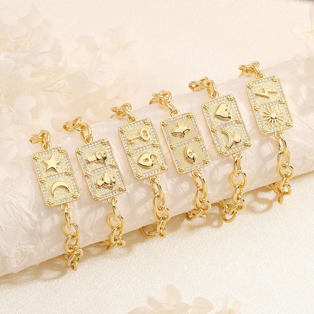 Artisan Retro Square Charm Bracelet - Micro - Set Zircon Stars & Moons - Aruary Studio ｜ Artisanal Jewelry