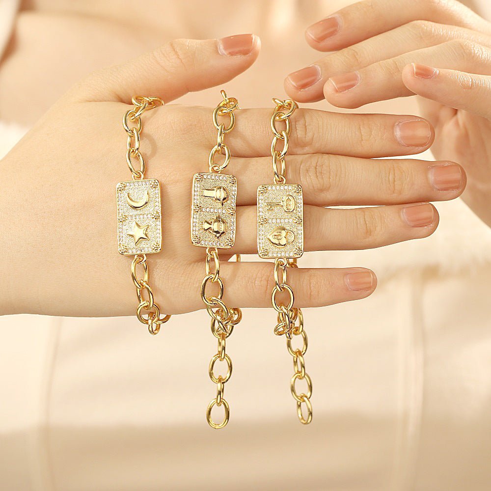 Artisan Retro Square Charm Bracelet - Micro - Set Zircon Stars & Moons - Aruary Studio ｜ Artisanal Jewelry