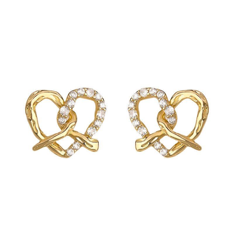 Artistic Pretzel Heart Stud Earrings | 18K Gold Plated Copper + Zircon - Vintage Luxury with Dazzling Asymmetry - Aruary Studio ｜ Artisanal Jewelry