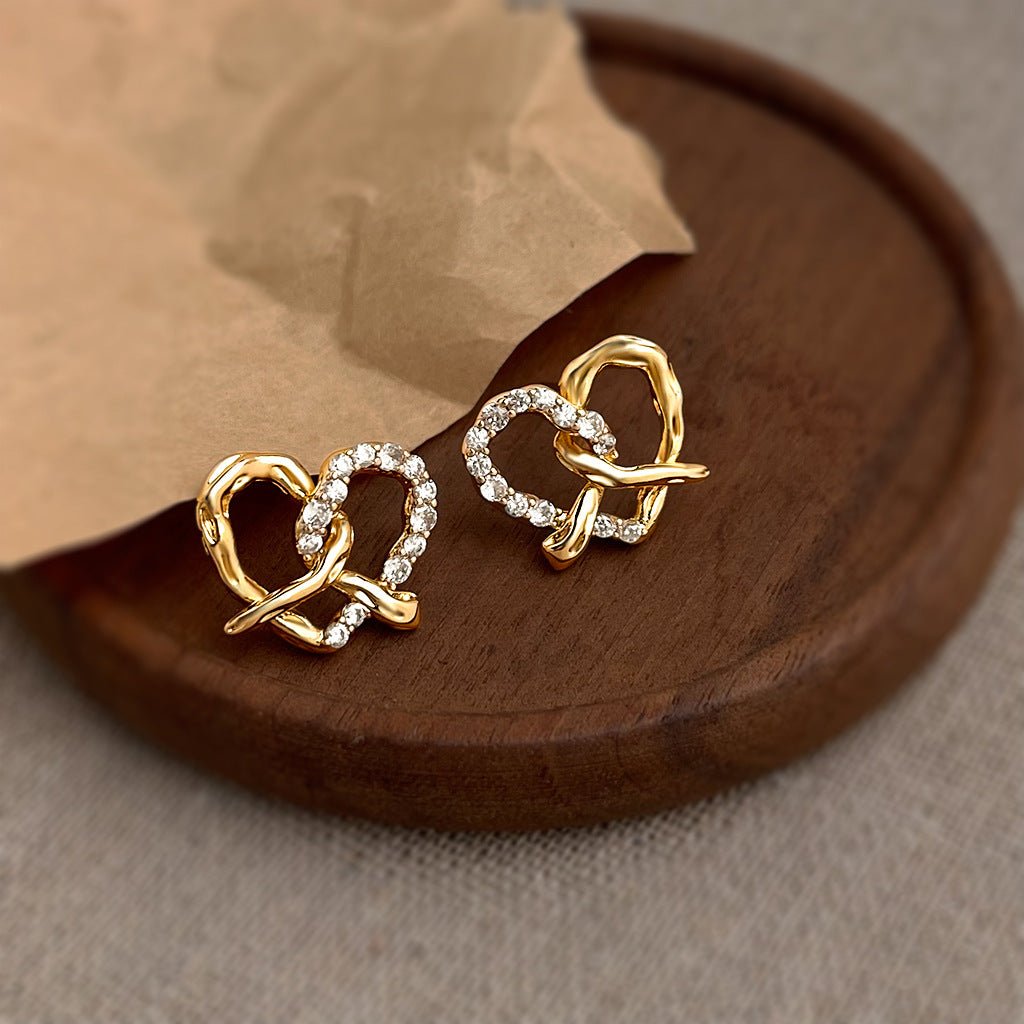 Artistic Pretzel Heart Stud Earrings | 18K Gold Plated Copper + Zircon - Vintage Luxury with Dazzling Asymmetry - Aruary Studio ｜ Artisanal Jewelry