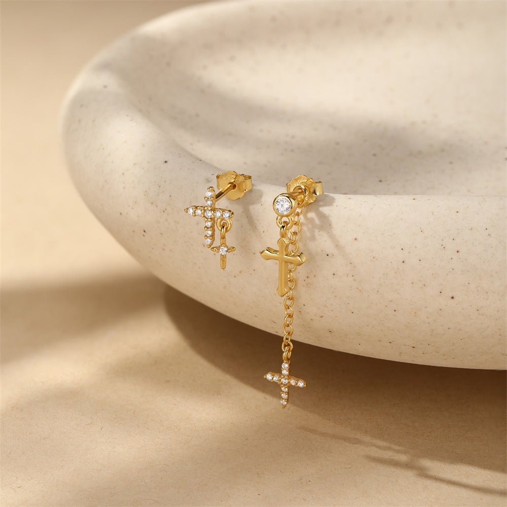Asymmetric Gold Cross Dangle Earrings - Aruary Studio ｜ Artisanal Jewelry