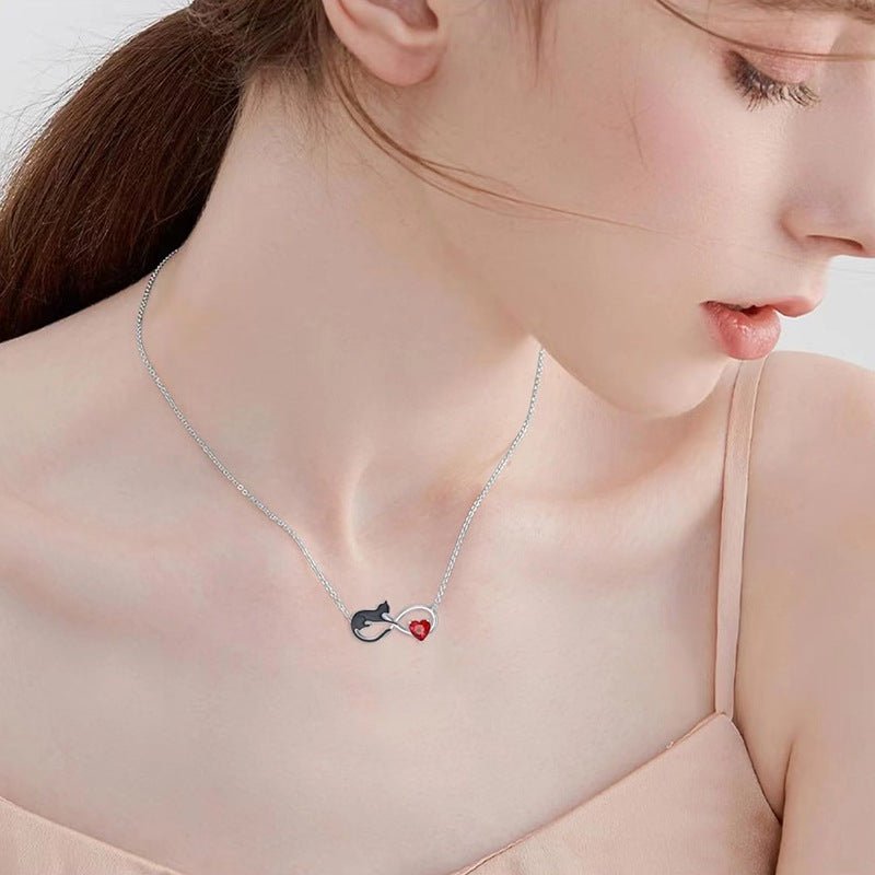 Black Cat Infinity Heart Necklace | S925 Sterling Silver + 5A Zircon - Eternal Love for Feline Enthusiasts - Aruary Studio ｜ Artisanal Jewelry