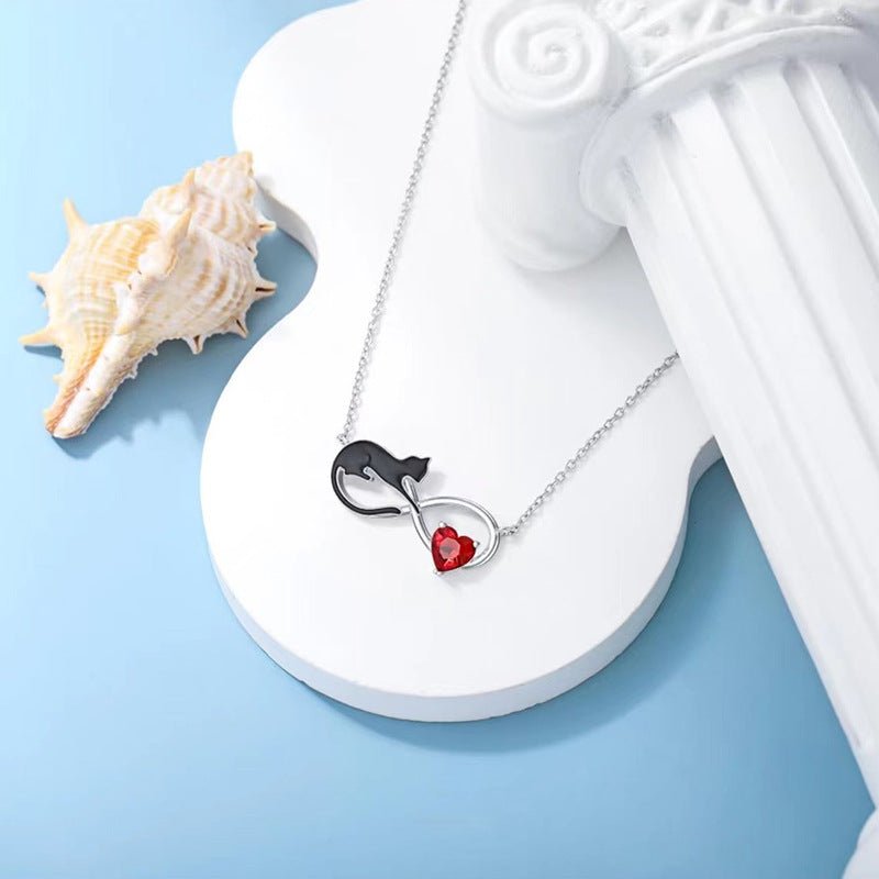 Black Cat Infinity Heart Necklace | S925 Sterling Silver + 5A Zircon - Eternal Love for Feline Enthusiasts - Aruary Studio ｜ Artisanal Jewelry
