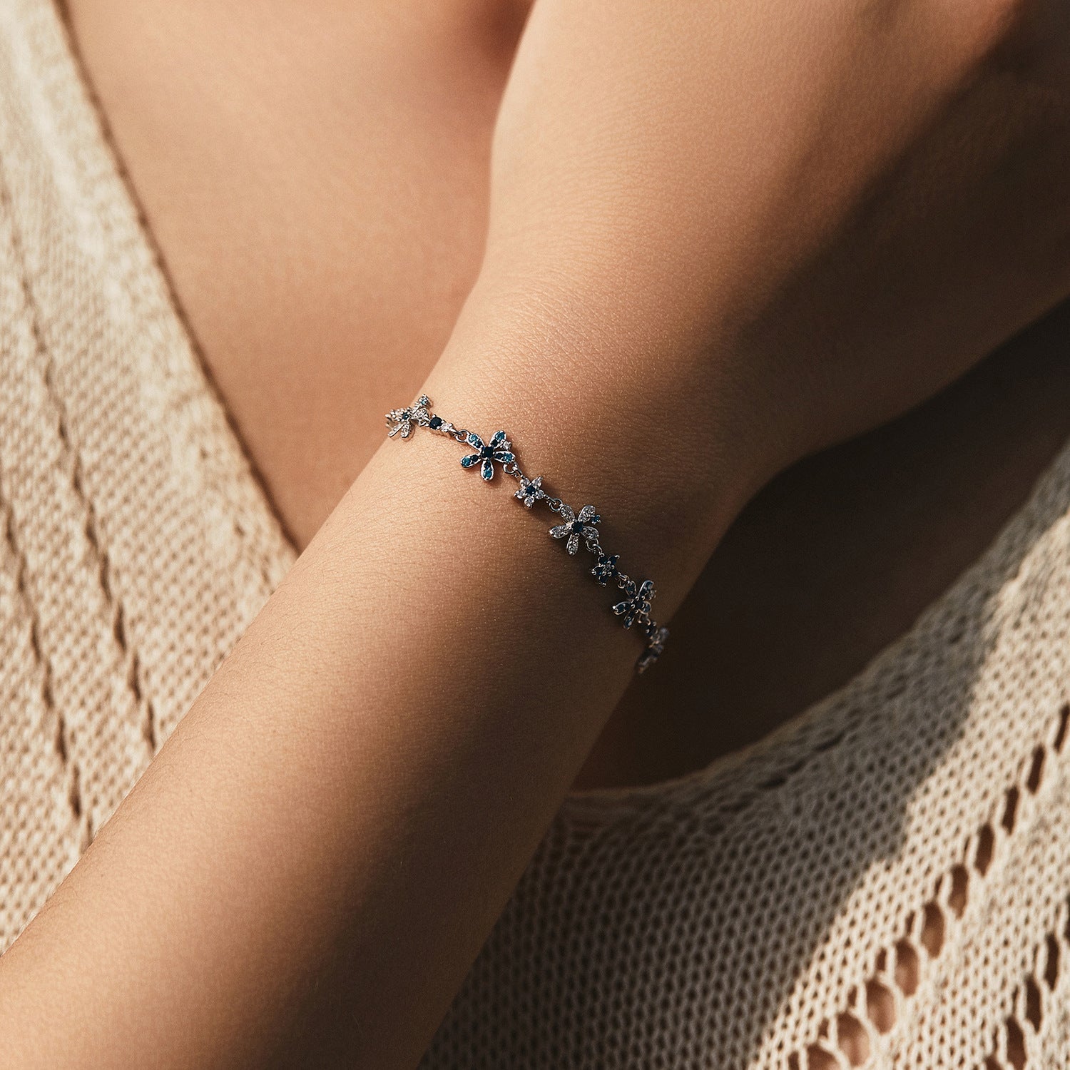 Blue Floral 925 Sterling Silver Bracelet | Hand - Set 5A Zircon - Delicate Garden Elegance - Aruary Studio ｜ Artisanal Jewelry