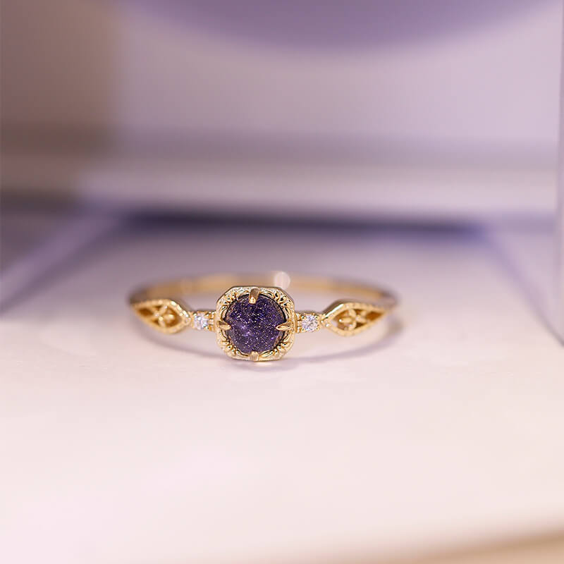 Blue Sandstone & White Zircon Pendant Necklace + Ring Set | 925 Sterling Silver Plated 14K Gold - Aruary Studio ｜ Artisanal Jewelry