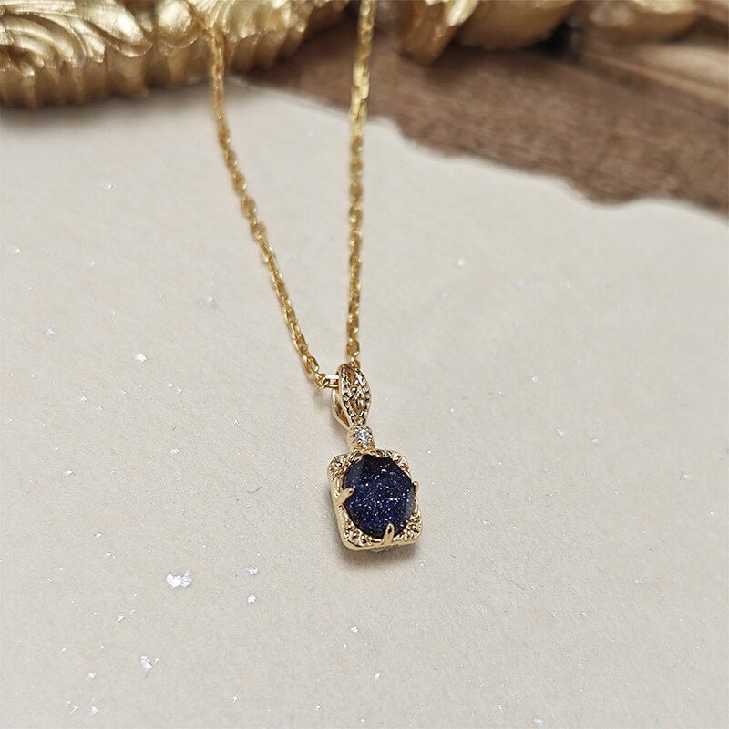 Blue Sandstone & White Zircon Pendant Necklace + Ring Set | 925 Sterling Silver Plated 14K Gold - Aruary Studio ｜ Artisanal Jewelry