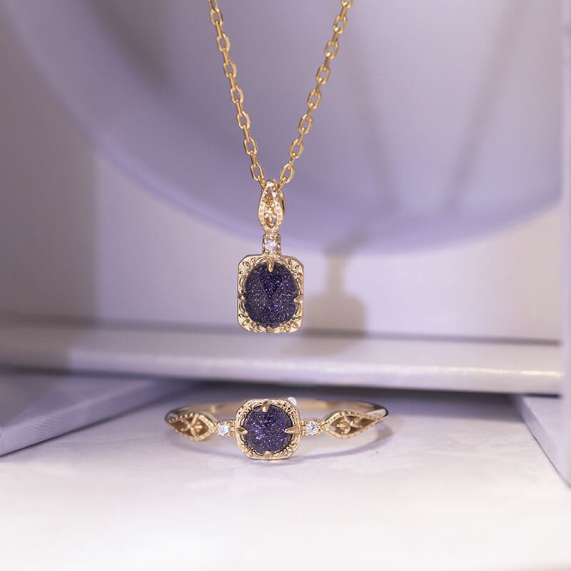 Blue Sandstone & White Zircon Pendant Necklace + Ring Set | 925 Sterling Silver Plated 14K Gold - Aruary Studio ｜ Artisanal Jewelry