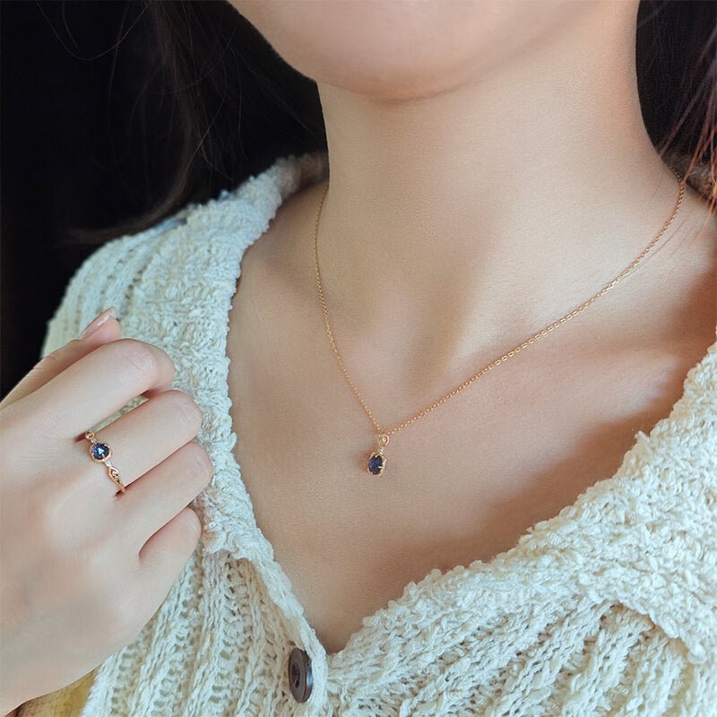 Blue Sandstone & White Zircon Pendant Necklace + Ring Set | 925 Sterling Silver Plated 14K Gold - Aruary Studio ｜ Artisanal Jewelry