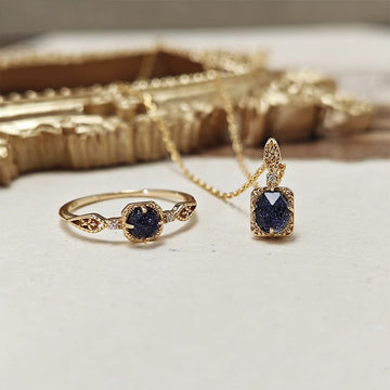 Blue Sandstone & White Zircon Pendant Necklace + Ring Set | 925 Sterling Silver Plated 14K Gold - Aruary Studio ｜ Artisanal Jewelry