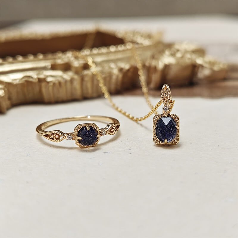 Blue Sandstone & White Zircon Pendant Necklace + Ring Set | 925 Sterling Silver Plated 14K Gold - Aruary Studio ｜ Artisanal Jewelry