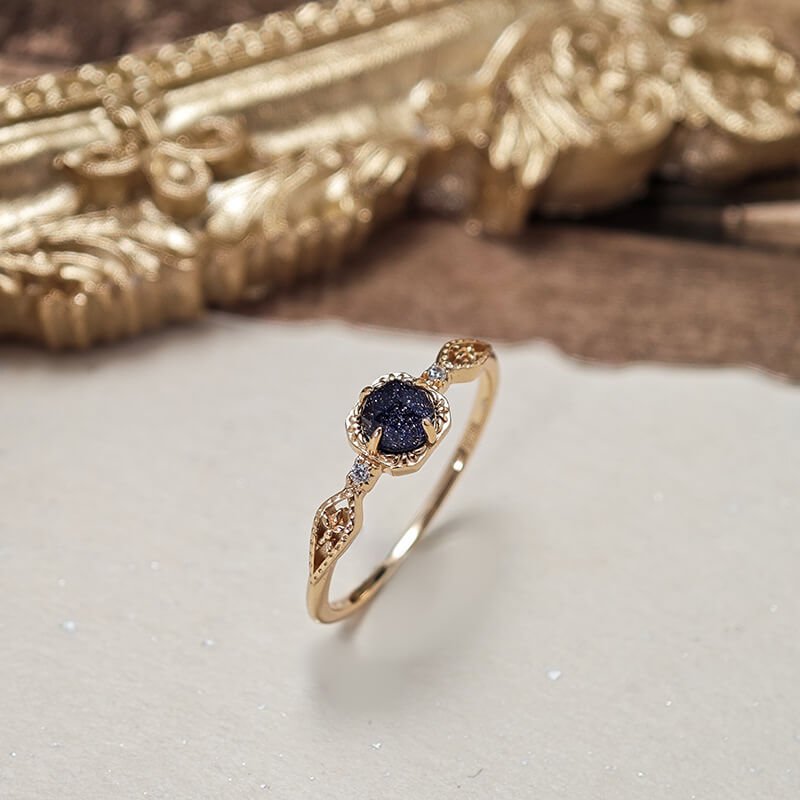 Blue Sandstone & White Zircon Pendant Necklace + Ring Set | 925 Sterling Silver Plated 14K Gold - Aruary Studio ｜ Artisanal Jewelry