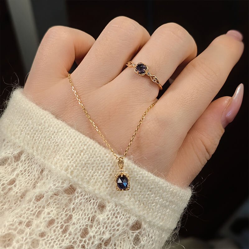 Blue Sandstone & White Zircon Pendant Necklace + Ring Set | 925 Sterling Silver Plated 14K Gold - Aruary Studio ｜ Artisanal Jewelry