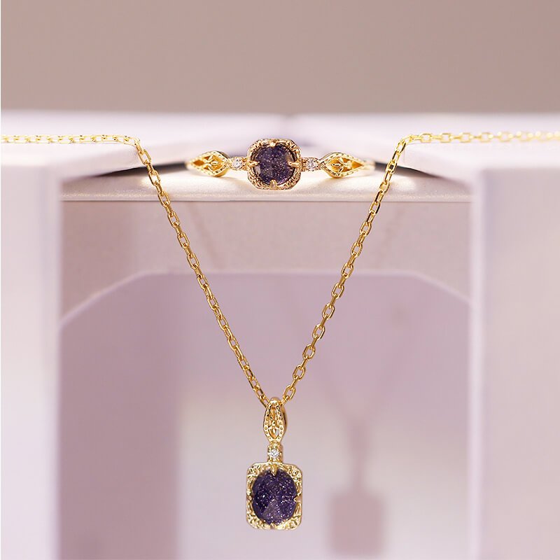 Blue Sandstone & White Zircon Pendant Necklace + Ring Set | 925 Sterling Silver Plated 14K Gold - Aruary Studio ｜ Artisanal Jewelry