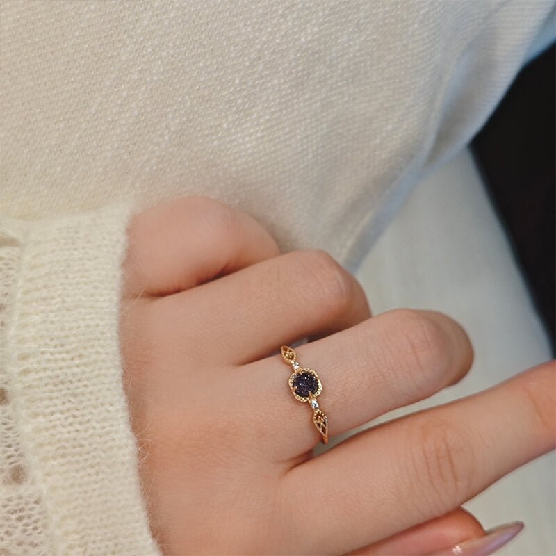 Blue Sandstone & White Zircon Pendant Necklace + Ring Set | 925 Sterling Silver Plated 14K Gold - Aruary Studio ｜ Artisanal Jewelry